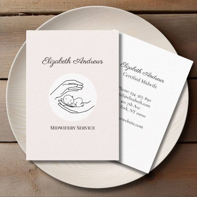 Tarjeta De Visita Manos sosteniendo un bebé - Línea de Ilustracion d (Hands holding A Baby - Line Art Illustration Blush White Business Card)