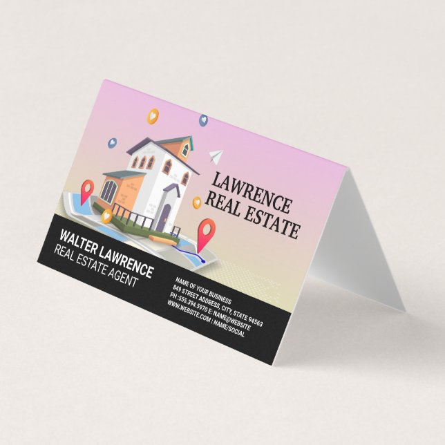 Tarjeta De Visita Mapa de la construcción inmobiliaria e iconos (Anverso)