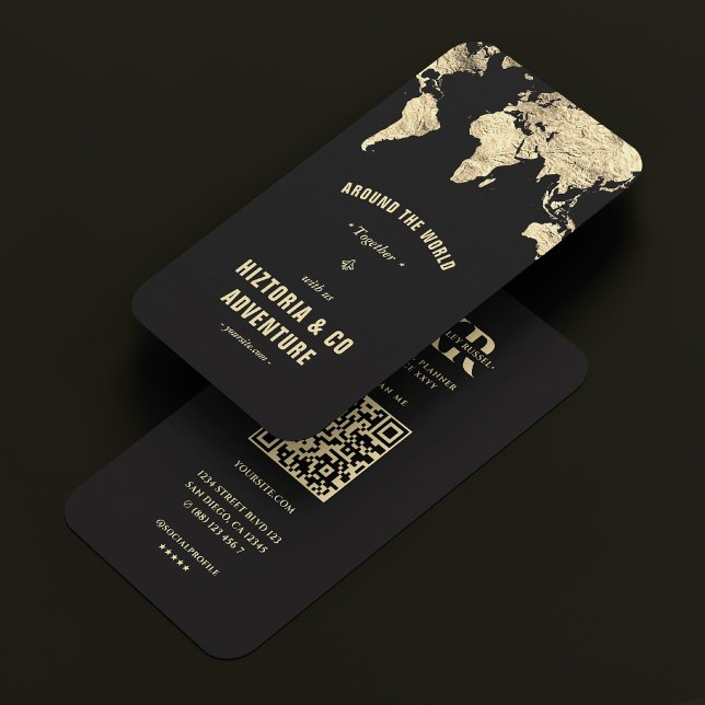 Tarjeta De Visita Mapa del mundo de la aventura de viajes Monograma  (Travel Adventure World Map Black Gold Monogram Business Card
)