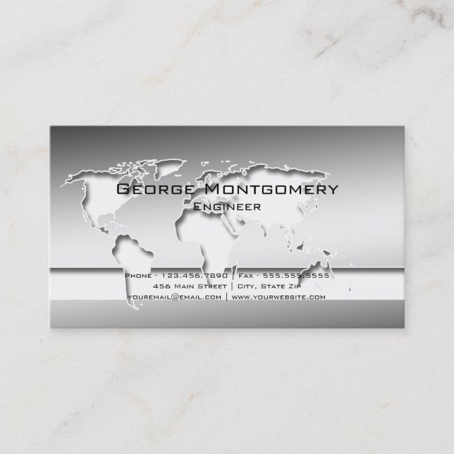 Tarjeta De Visita Mapa del mundo de plata profesional (Anverso)