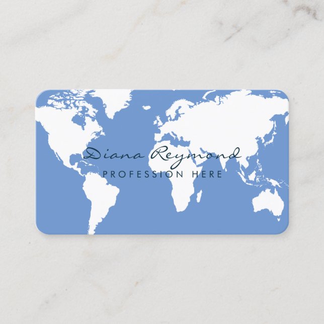 Tarjeta De Visita Mapa minimalista del mundo moderno en azul (Anverso)