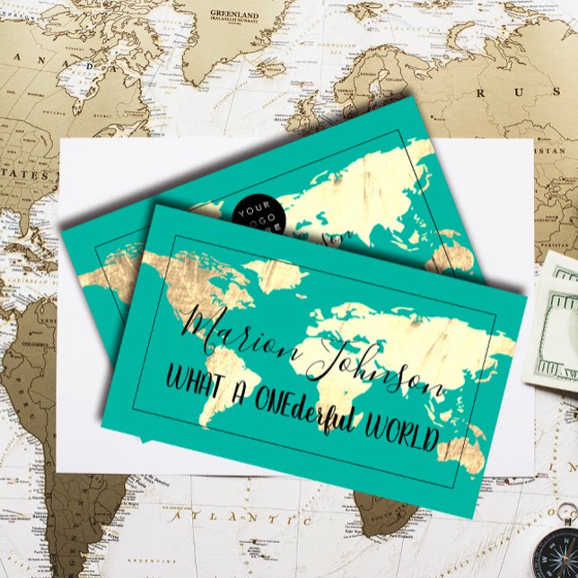 Tarjeta De Visita Mapa mundial Mapa de viajes Agencia de viajes Oro  (World Map Globe Map Travel Agency Gold Teal Blue Business Card)