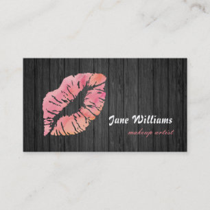 Tarjeta De Visita Maquillador de Labios Rosas Fondo de Madera