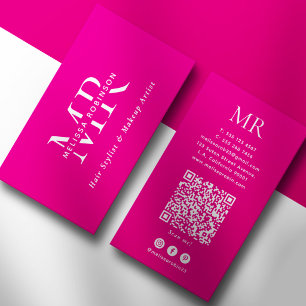 Tarjeta De Visita Maquilladora Rosa Brillante Monograma Blanco y Cód