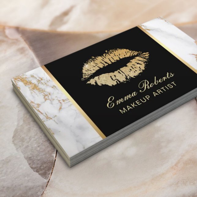 Tarjeta De Visita Maquillaje Artista Gold Lips Salón Mármol de Lujo (Subido por el creador)