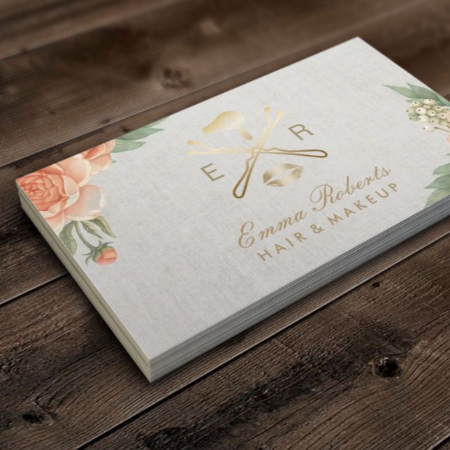 Tarjeta De Visita Maquillaje Artista Láminas de Oro y Floral Vintage (Subido por el creador)