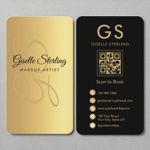 Tarjeta De Visita Maquillaje Artista Monograma Oro Código QR Negro