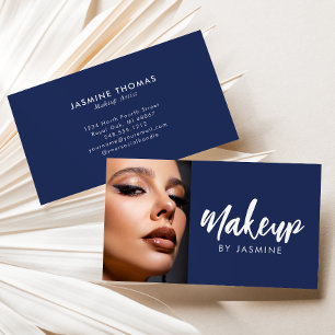 Tarjeta De Visita Maquillaje de foto con guión blanco azul marino
