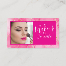 Tarjeta De Visita Maquillaje de foto con guión de mármol rosa calien