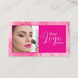 Tarjeta De Visita Maquillaje de foto con guión de mármol rosa calien