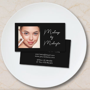 Tarjeta De Visita Maquillaje de Foto con Letra Elegante en Blanco y