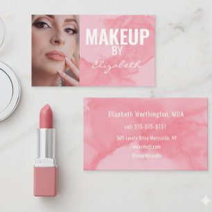 Tarjeta De Visita Maquillaje de Foto en Acuarela Rosa Coral Sonrojad