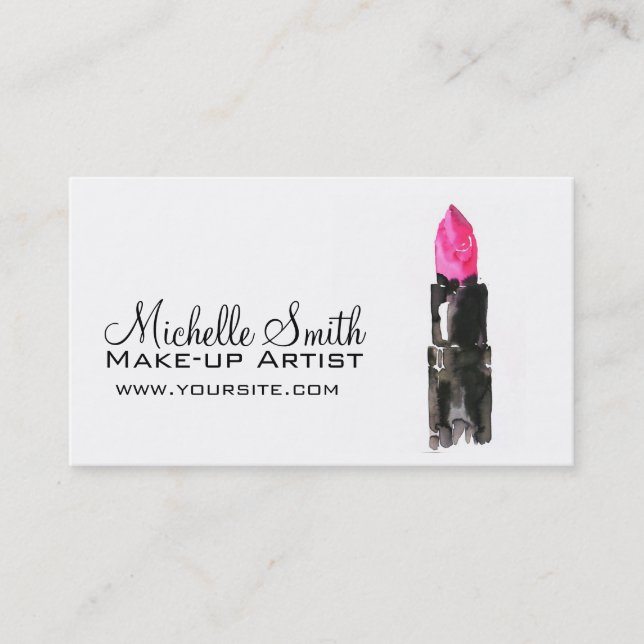 Tarjeta De Visita maquillaje de lápiz labial rosa y acuarela negra d (Anverso)