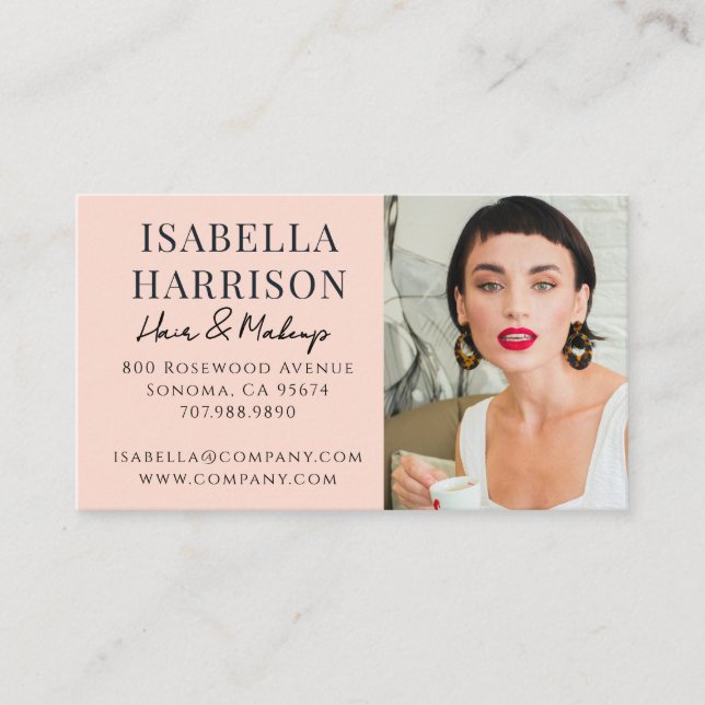 Tarjeta De Visita Maquillaje de Pelo Moderno Foto Script (Anverso)
