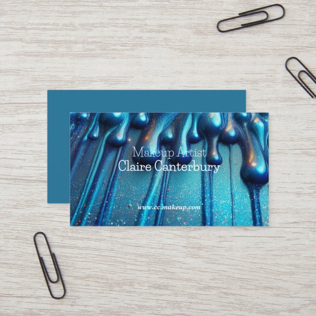 Tarjeta De Visita Maquillaje de Purpurina azul con gota de glam (Anverso/Reverso In Situ)