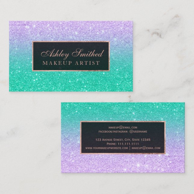 Tarjeta De Visita Maquillaje elegante del ombre del purpurina (Anverso / Reverso)