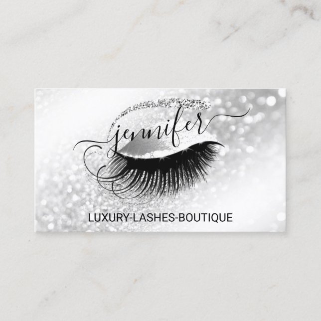 Tarjeta De Visita Maquillaje Eyelash QR Código Purpurina Gris Plata (Anverso)