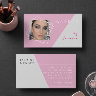 Tarjeta De Visita Maquillaje Foto Geométrico Rosa Rubor Gris Blanco 