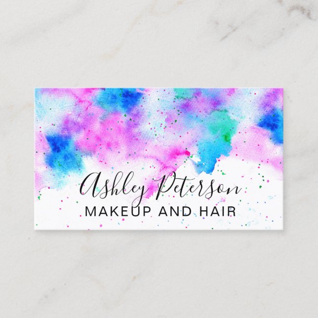 Tarjeta De Visita Maquillaje moderno azul rosado de las pinceladas (Anverso)