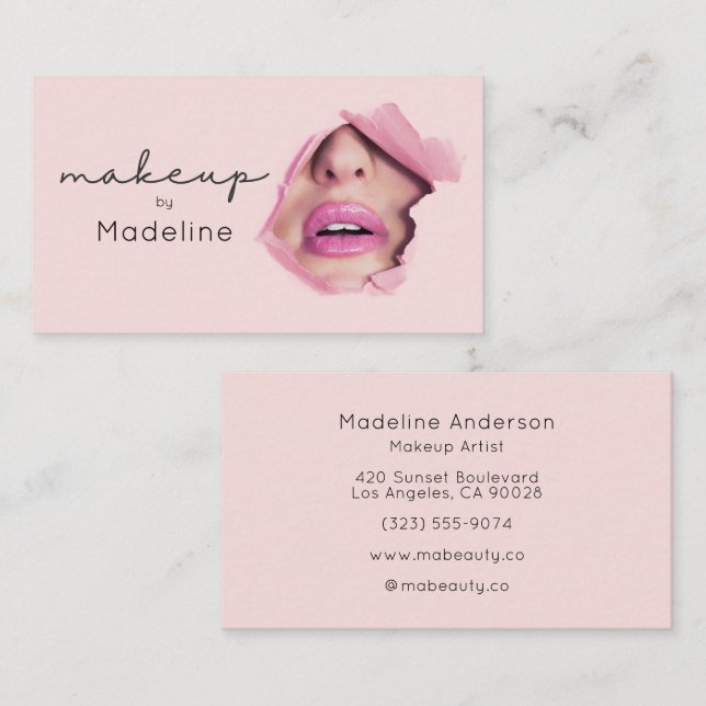 Tarjeta De Visita Maquillaje Moderno Rosa Rubor Negro Script (Anverso / Reverso)