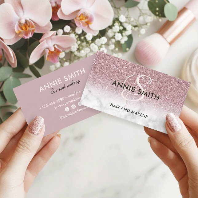 Tarjeta De Visita Maquillaje Monograma Mármol Rosa Dorado Brillo Omb (Subido por el creador)
