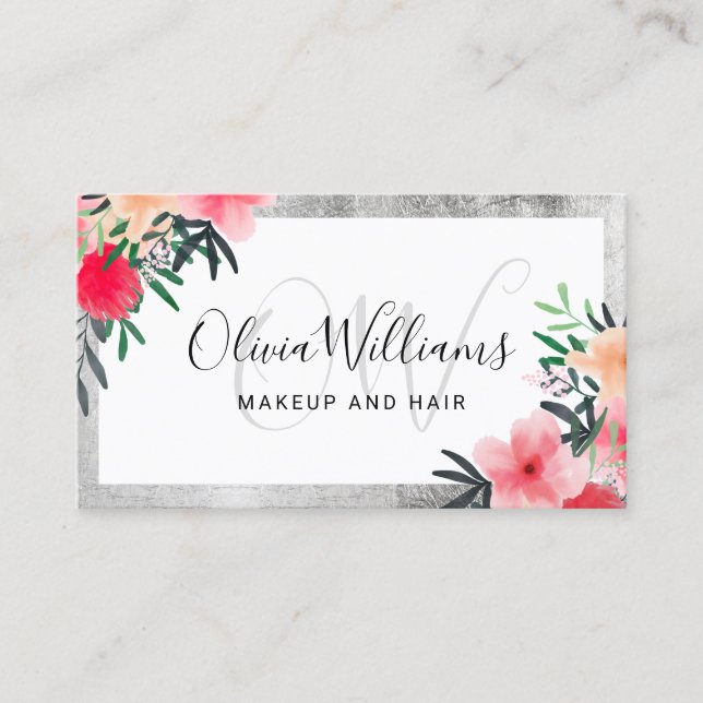 Tarjeta De Visita Maquillaje monogramado de escritura floral de marc (Anverso)