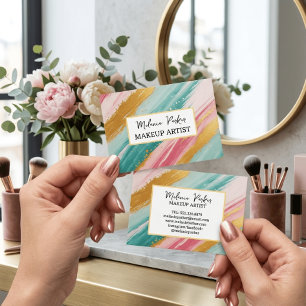 Tarjeta De Visita Maquillaje Pintura Brillo Dorado Teal Rosa