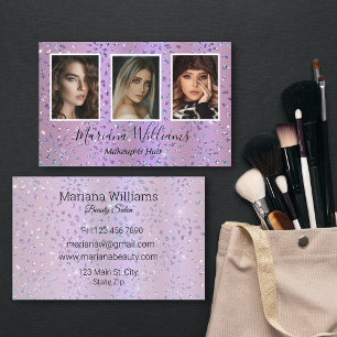 Tarjeta De Visita maquillaje púrpura purpurinas y collage de fotos d