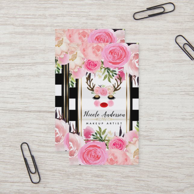Tarjeta De Visita Maquillaje Reno Dorado Brillo de Ojos Floral Rosa (Anverso/Reverso In Situ)