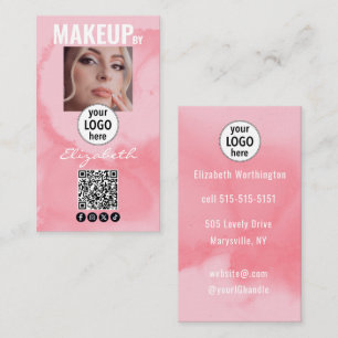 Tarjeta De Visita Maquillaje Social QR Acuarela Rosa Coral Sonrojado
