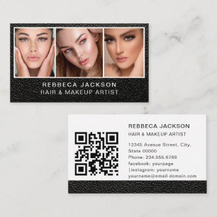 Tarjeta De Visita Maquillaje y cabello de cuero negro minimalista mo
