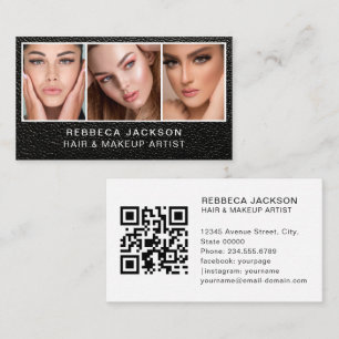 Tarjeta De Visita Maquillaje y cabello de cuero negro minimalista mo
