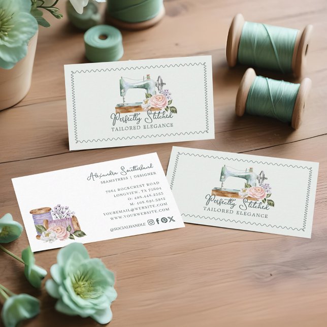 Tarjeta De Visita Máquina de coser floral de color de agua vintage ( Vintage Watercolor Floral Sewing Machine Tailor Business Card)
