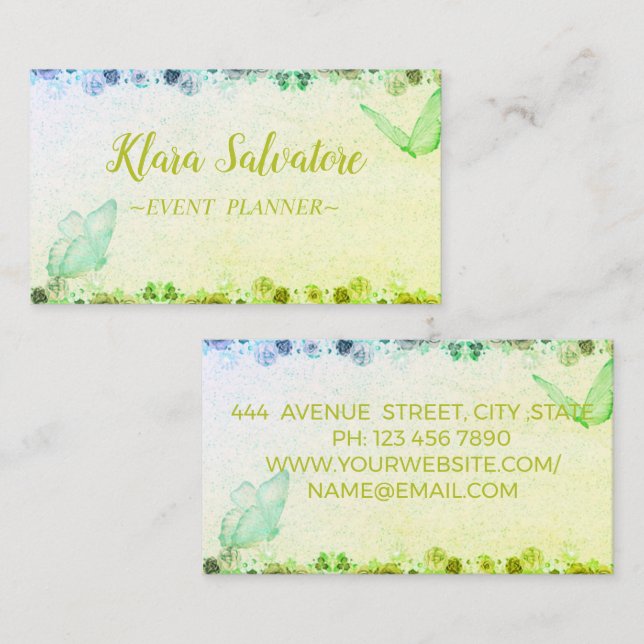 Tarjeta De Visita Maravilloso Verde dulce con mariposa   (Anverso / Reverso)