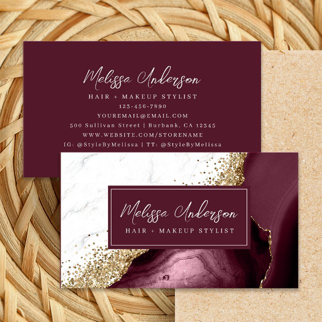Tarjeta De Visita Marble Agate Burgundy Gold Purpurina Luxe (Subido por el creador)