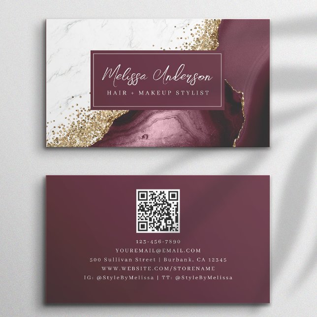 Tarjeta De Visita Marble Agate Burgundy Gold Purpurina QR Code (Subido por el creador)