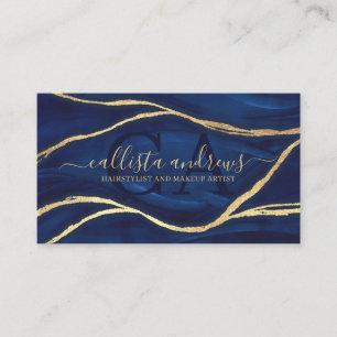 Tarjeta De Visita Marble azul dorado Firma Script Maquillaje Hair Bu
