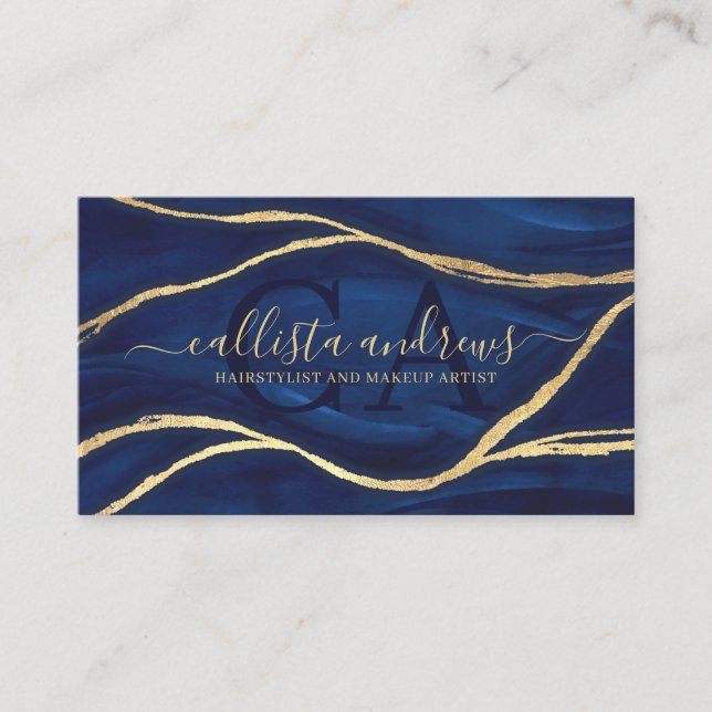 Tarjeta De Visita Marble azul dorado Firma Script Maquillaje Hair Bu (Anverso)