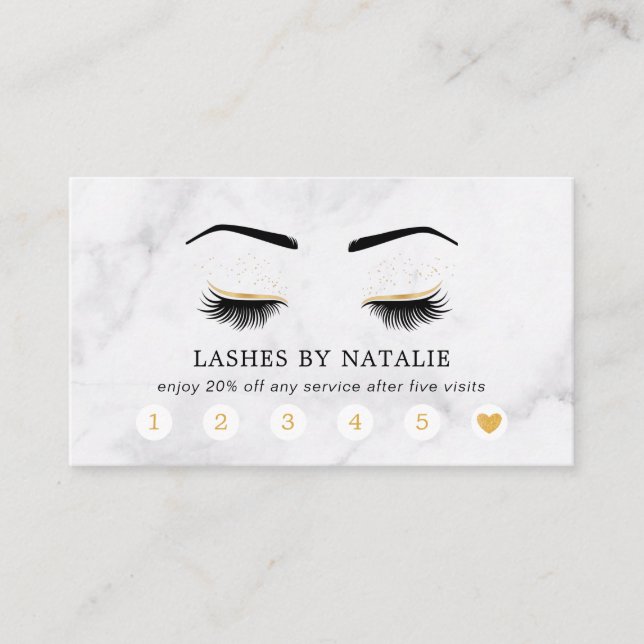 Tarjeta De Visita Marble Black and Gold Lash Brow Salon Lealty Card (Anverso)