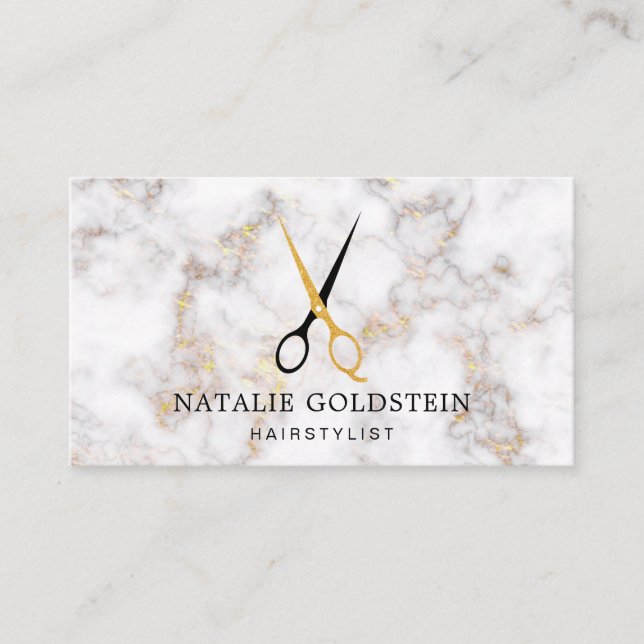 Tarjeta De Visita Marble Black and Gold Scissors Hairstylist (Anverso)