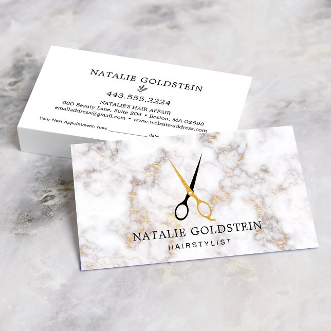 Tarjeta De Visita Marble Black Gold Scissors Hairstylist Appointment (Subido por el creador)