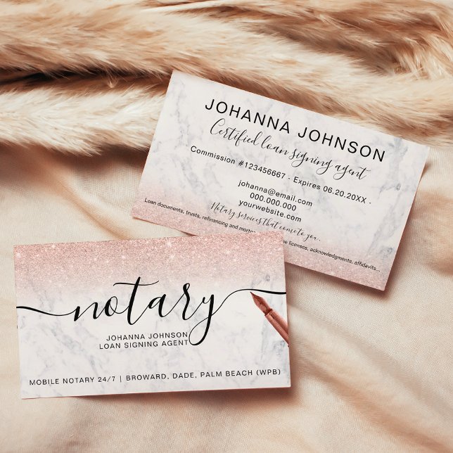 Tarjeta De Visita Marble Notario tipografía de préstamo rosa purpuri (Marble Notary loan typography rose gold glitter Business Card)