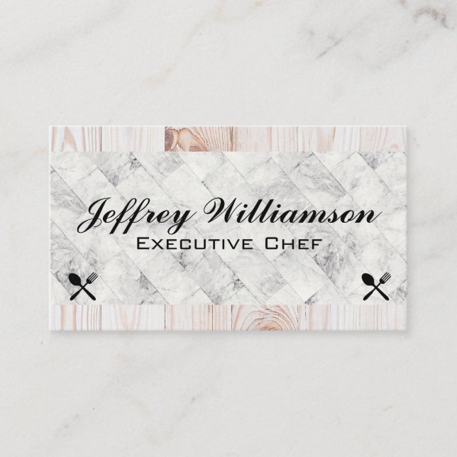 Tarjeta De Visita Marble Tiles | Madera | Iconos de Silverware (Anverso)