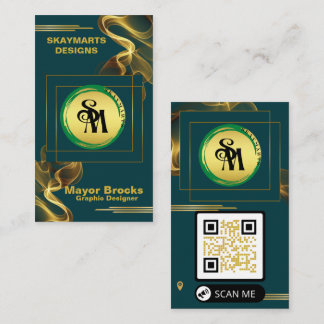 Tarjeta De Visita Marcas de esquí | Código QR único verde y oro mode