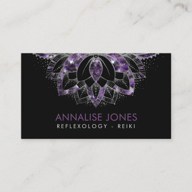Tarjeta De Visita Marco Amethyst y de plata púrpura Lotus en negro (Anverso)