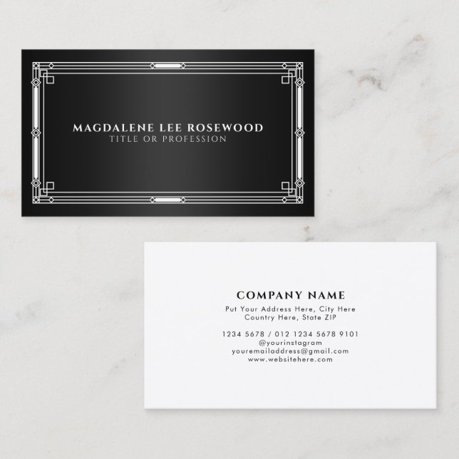 Tarjeta De Visita Marco blanco elegante Art Deco sobre negro (Anverso / Reverso)