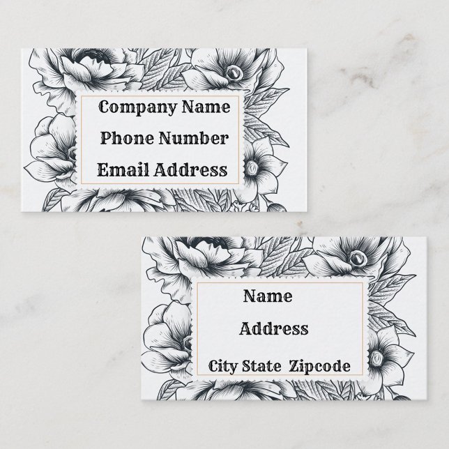 Tarjeta De Visita Marco blanco negro (Front/Back Black and White Floral Design Business Cards! )