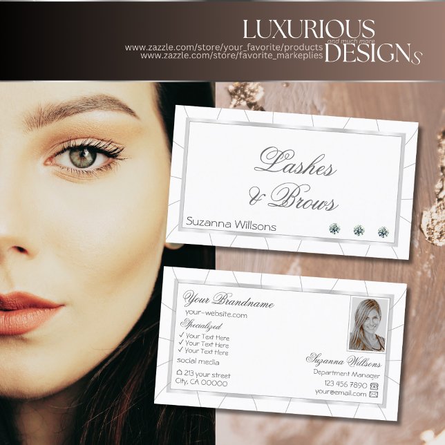 Tarjeta De Visita Marco blanco y plateado de moda con diamantes y fo (Subido por el creador)