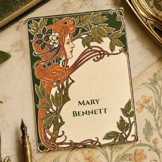 Tarjeta De Visita Marco botánico Art Nouveau con mujer elegante