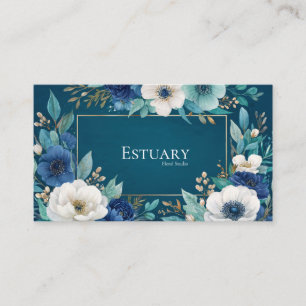 Tarjeta De Visita Marco de acuarela azul teal profundo floral dorado